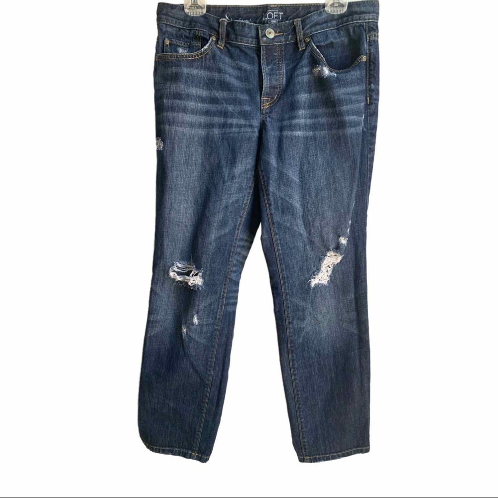 LOFT dark wash distressed boyfriend jeans
